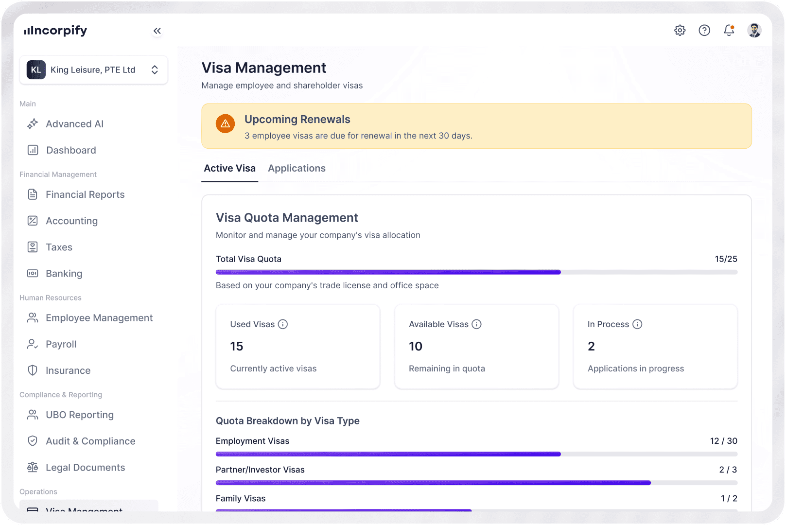 Dashboard interface showing Visa & Residency features