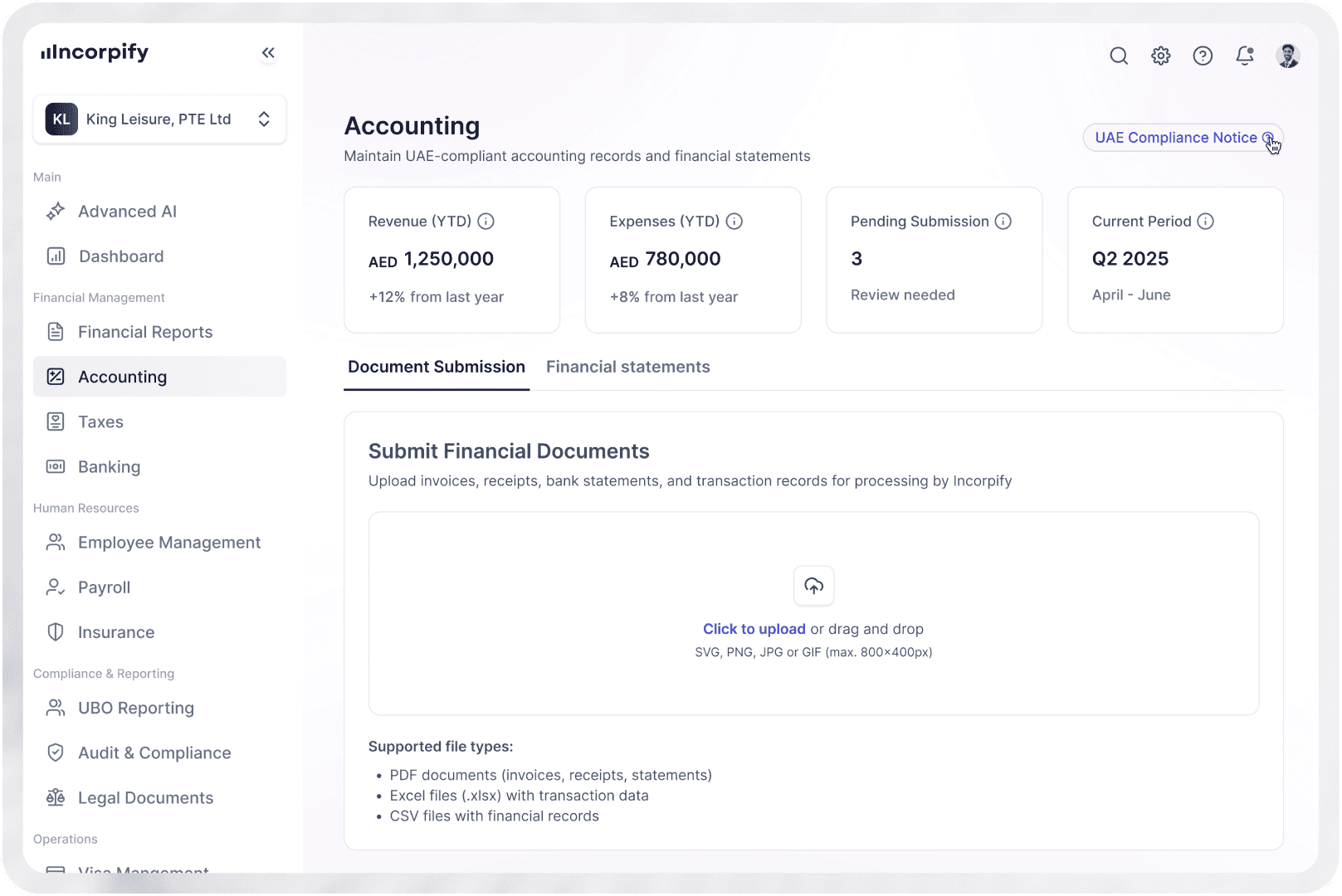 Dashboard interface showing Accounting & Tax features