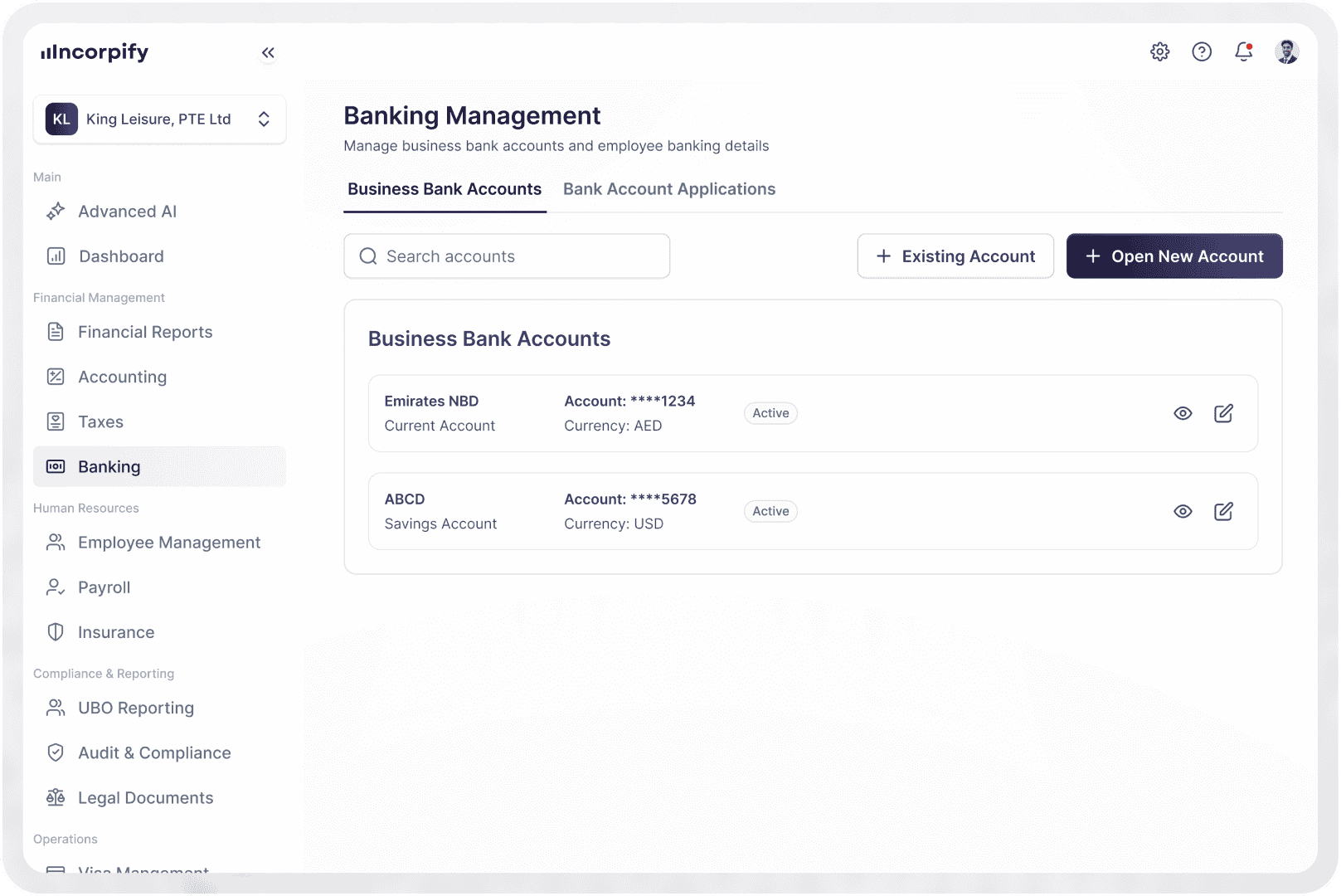 Dashboard interface showing Banking features