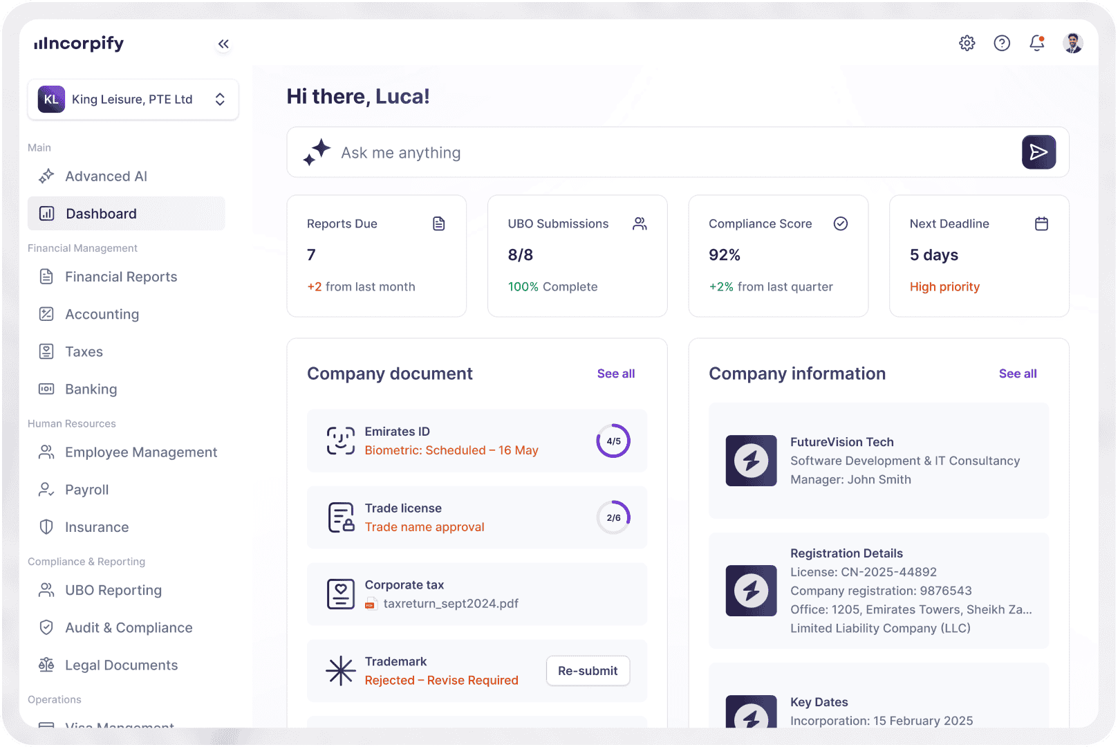 Dashboard interface showing Incorporation features