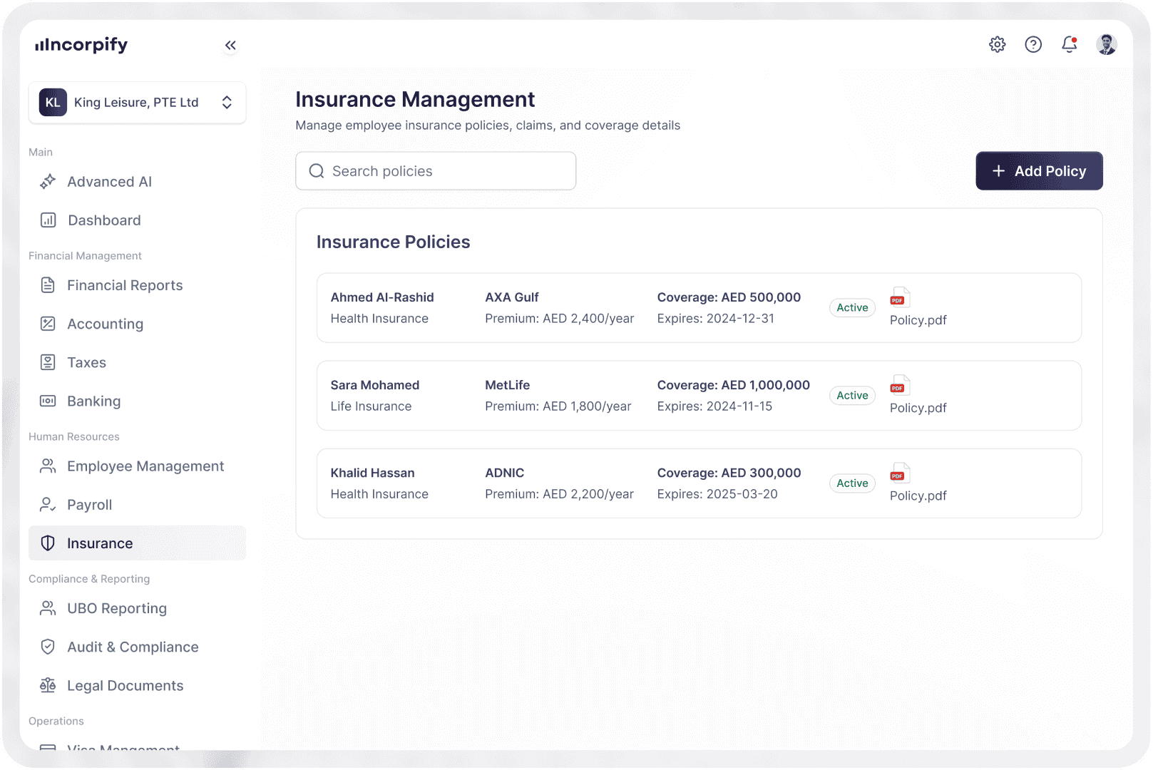 Dashboard interface showing Insurance features