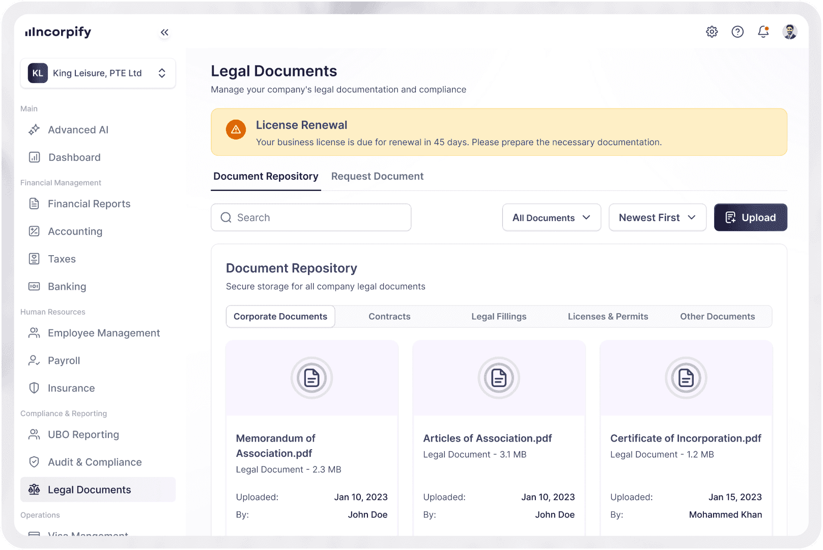 Dashboard interface showing Legal features