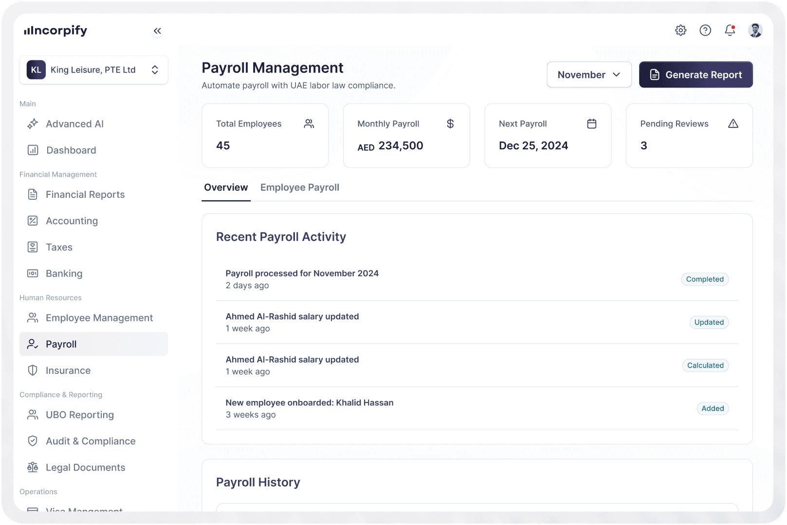 Dashboard interface showing Payroll features