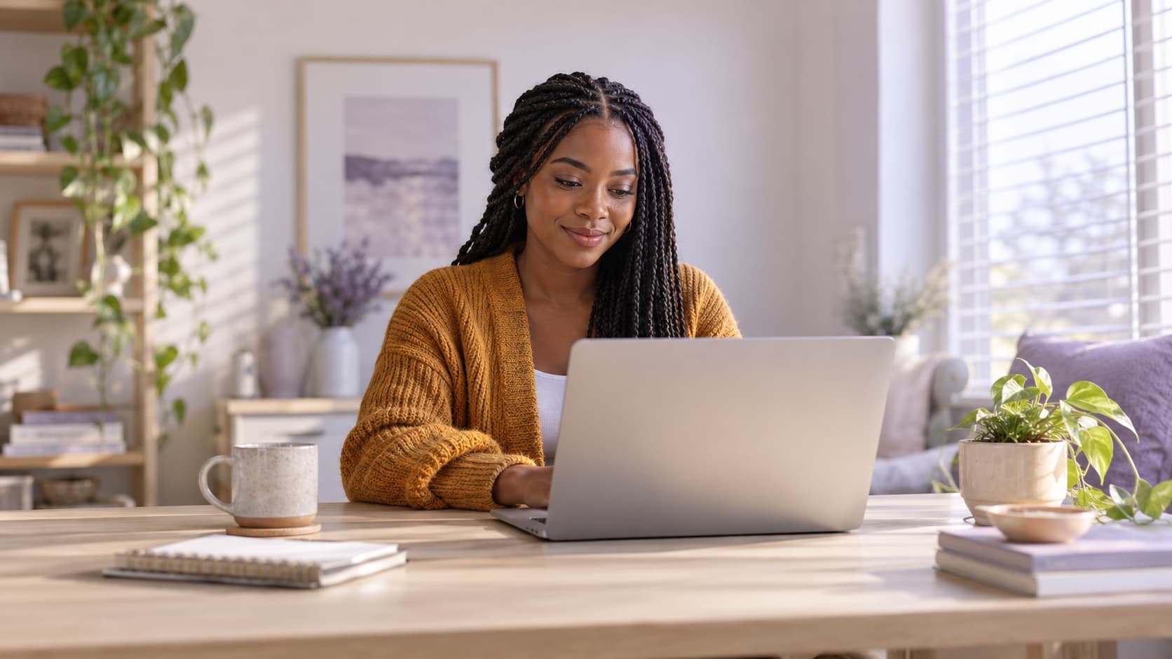 A founder working on a laptop at a desk by a window