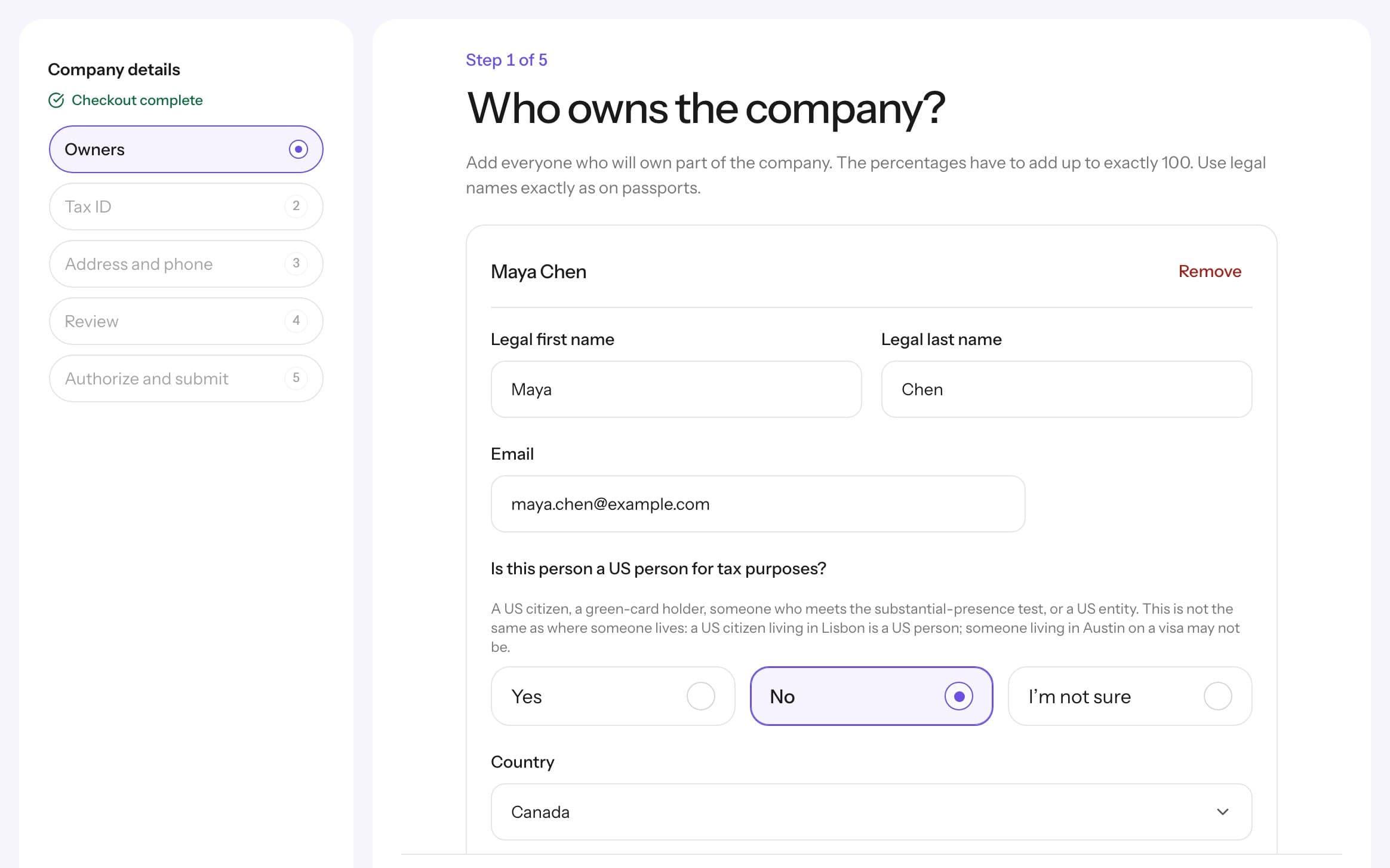 Incorpify screen after checkout: Who owns the company?
